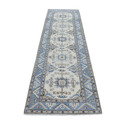 2'8"X9'1" Ivory Hand Knotted Vintage Look Kazak Wool Tribal Runner Rug