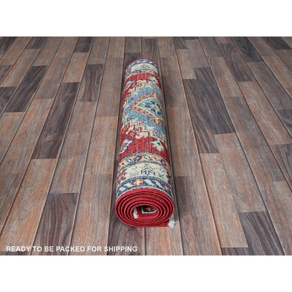 2'9"X6'7" Red Kazak With Medallions Design All Wool Hand Knotted Runner Rug