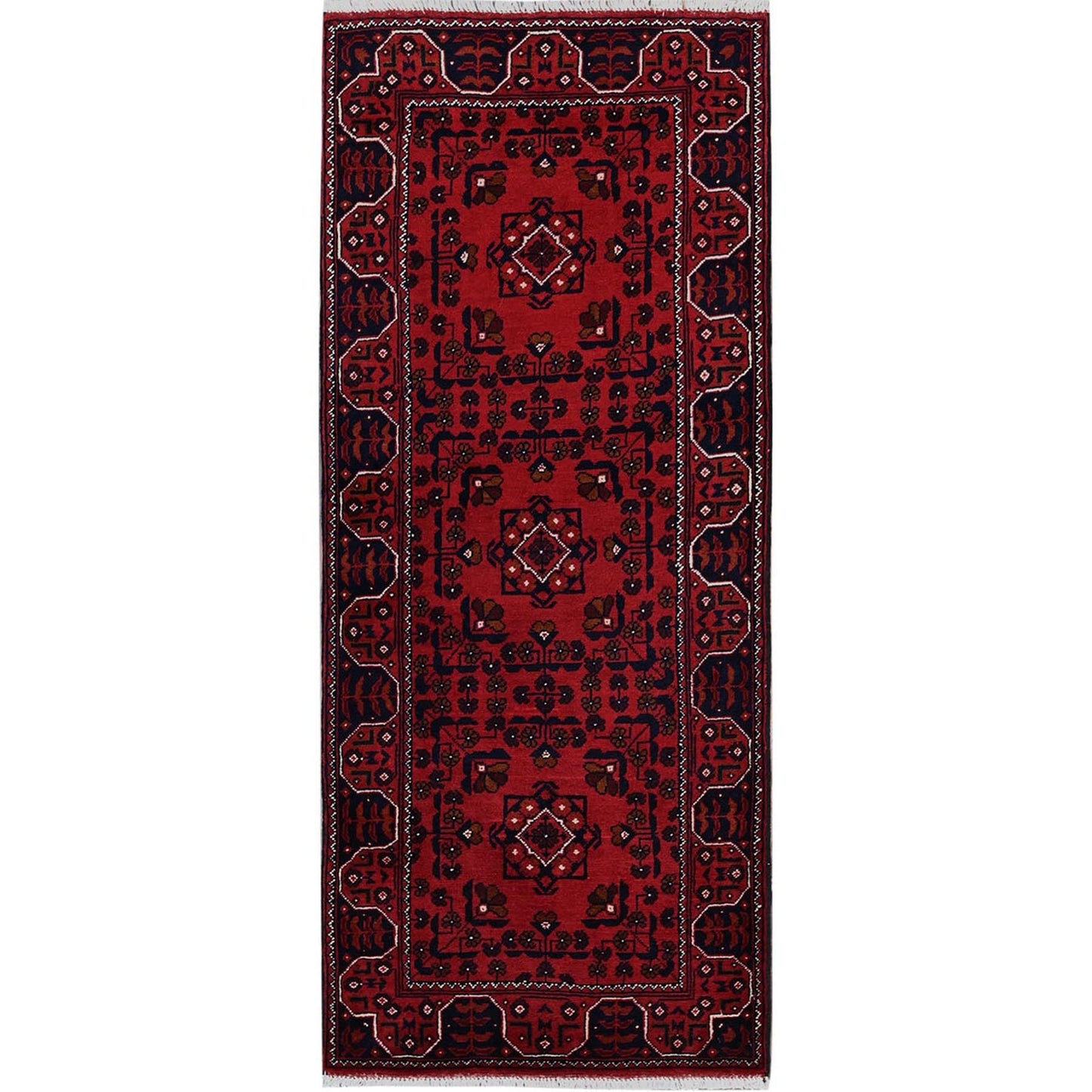 2'2"X5'4" Red Afghan Khamyab Tribal Design All Wool Hand Knotted Runner Rug