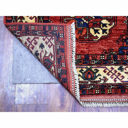 2'8"X9'7" Coral Red Afghan Ersari 100% Wool Hand Knotted Runner Rug