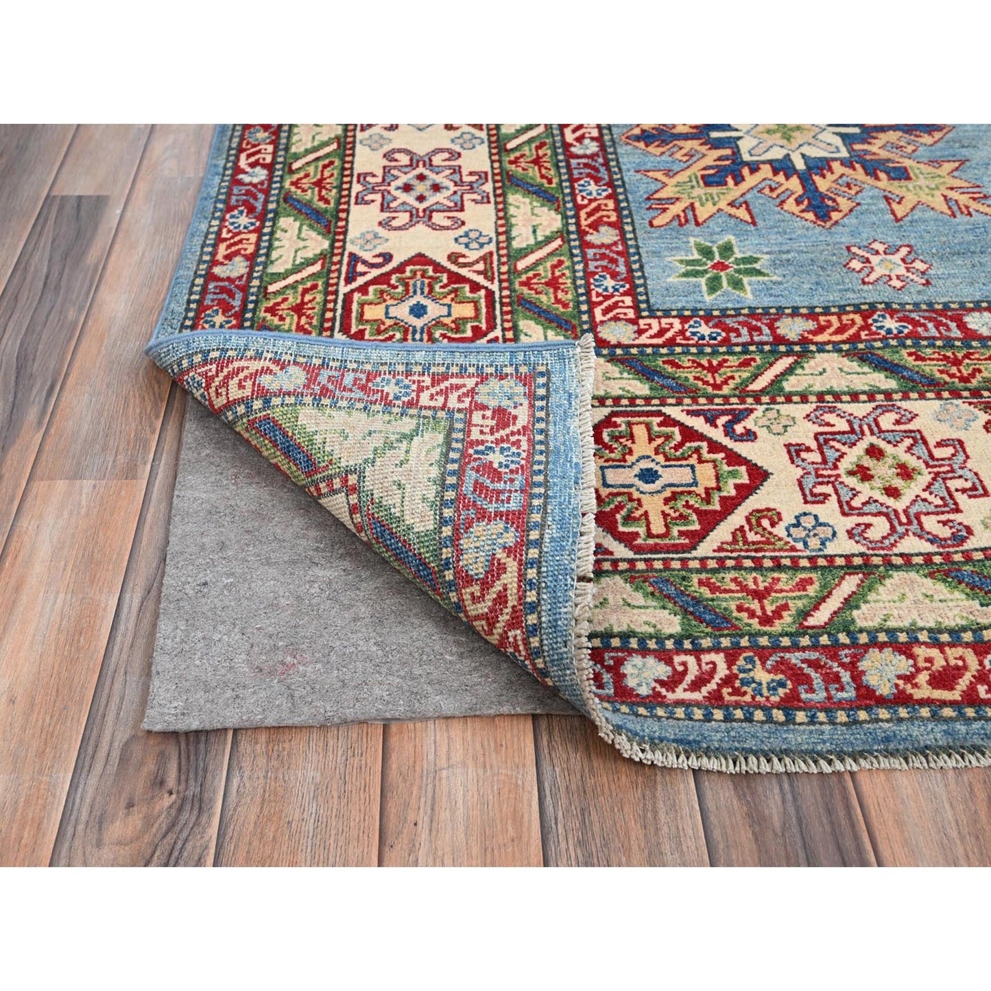 9'X11'9" Blue Hand Knotted Kazak Tribal Pattern Pure Wool Oriental Rug