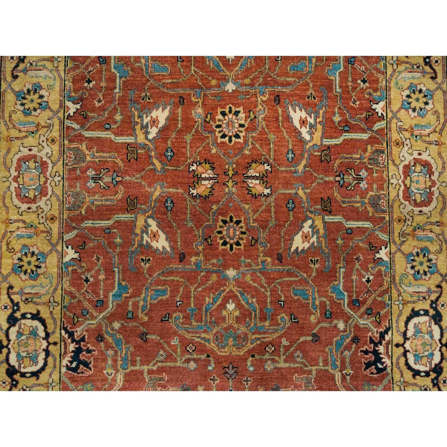 4'X10' Red Heris Re-Creation Hand Knotted Wool Wide Runner Rug