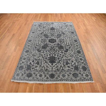 Rug 6'x9'2" Stone Gray Heris Design Wool and Silk Hi-lo Pile Hand Knotted