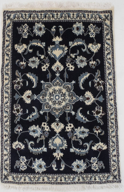 Hand-Knotted Navy Blue Classic Floral Oriental Rug Small Area Carpet 2'9X4'5 ft