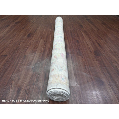 6'2"X11'10" Gray Hand Knotted Angora Oushak Leaf Design Wool Runner Rug