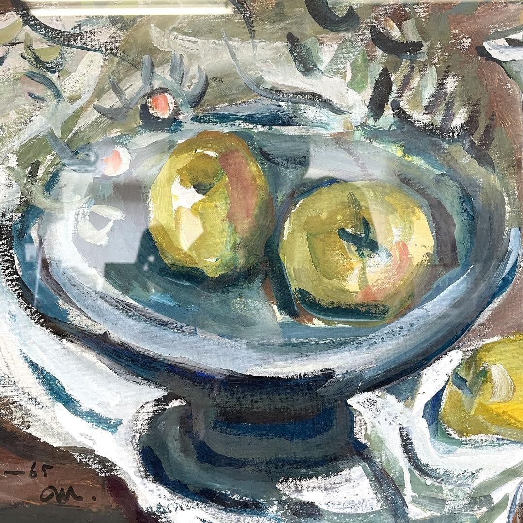 Ludwig Bock 1965 Original Gouache Still Life Painting  Apples & Pears  Signed