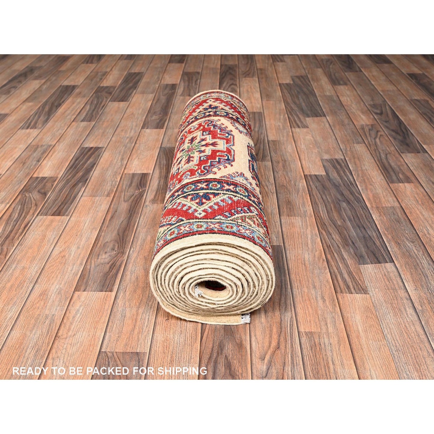 2'9"X15'4" Ivory Hand Knotted Rug Kazak With Geometric Design Wool Runner