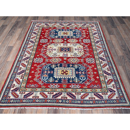 4'1"X5'6" Red Kazak With Geometric Medallions Design Wool Hand Knotted Rug