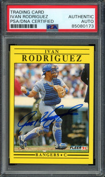 Ivan Rodriguez Hof Autographed 1991 Fleer Rookie Card #U-62 Rangers Psa/Dna