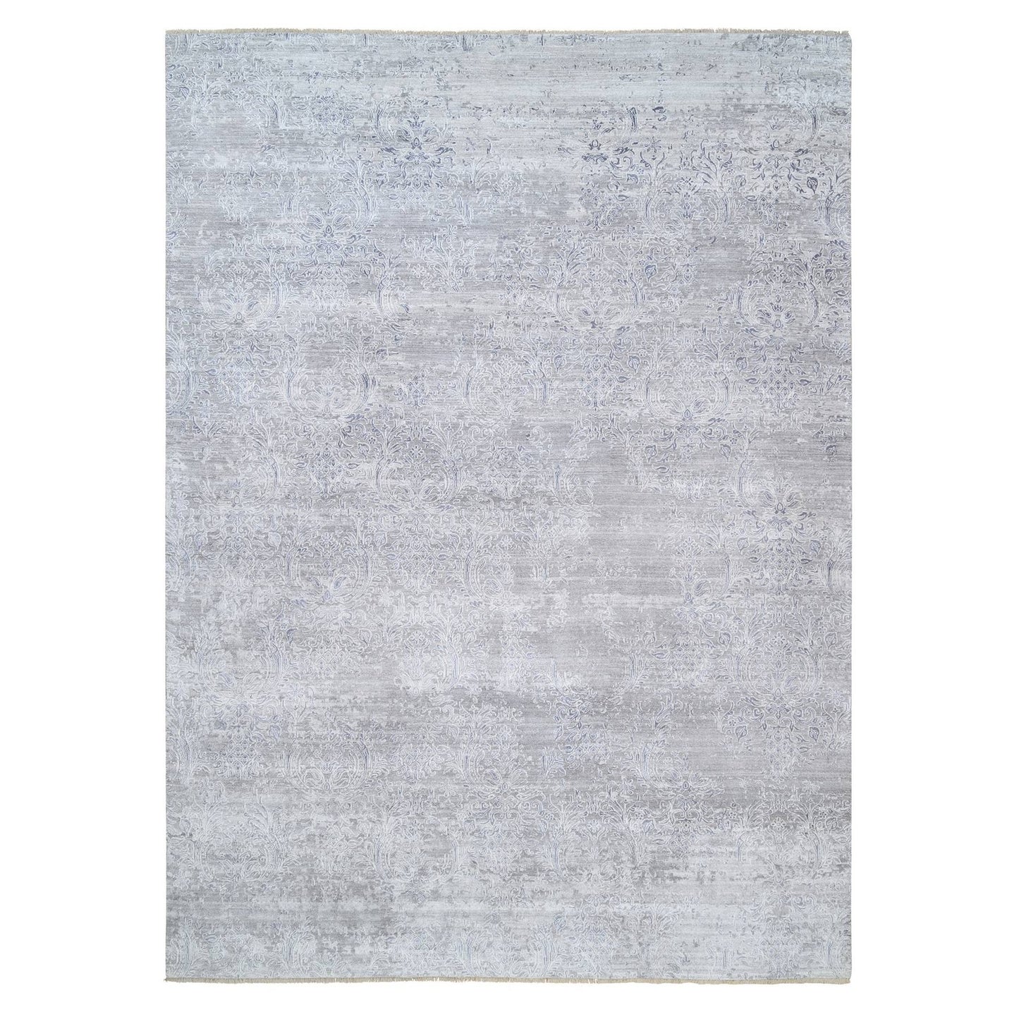 10'X13'10" Ivory Hand Knotted Damask Design Wool And Plant Based Silk Rug