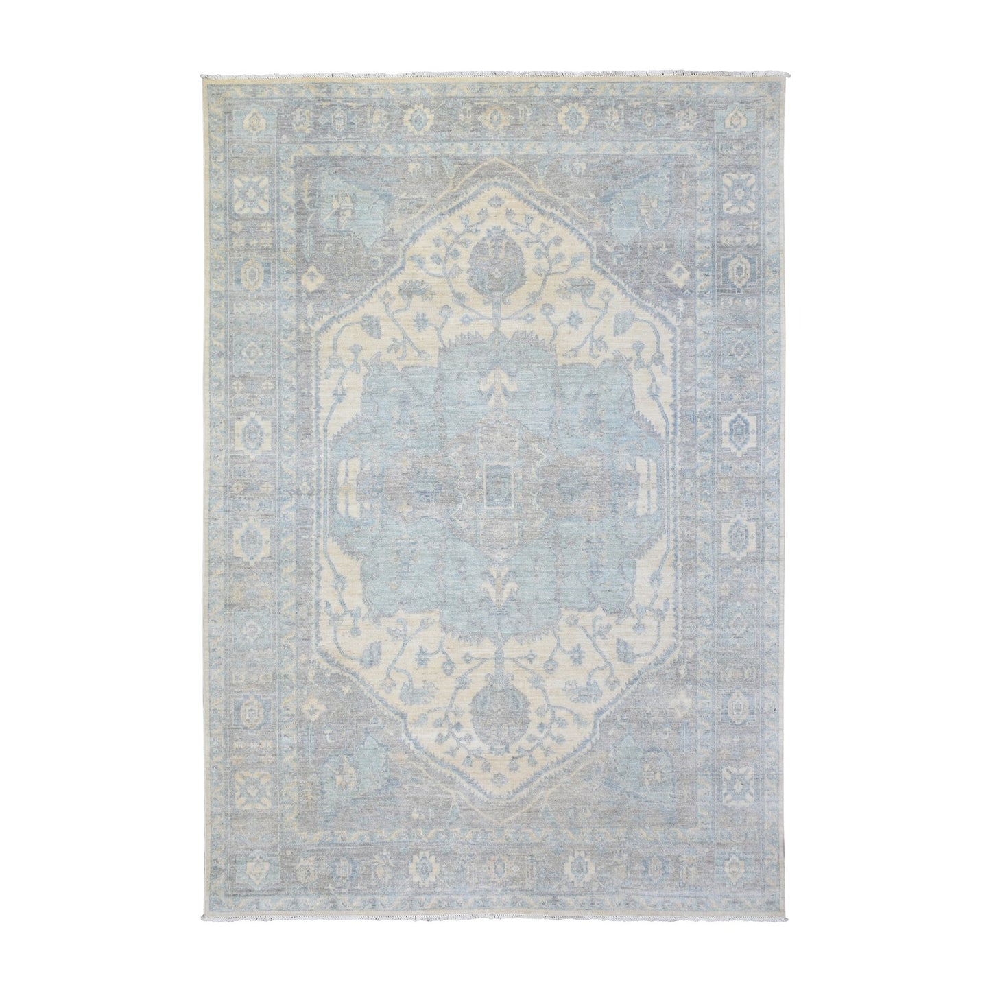 6'2"X8'9" Ivory White Wash Peshawar Organic Wool Hand Knotted Rug