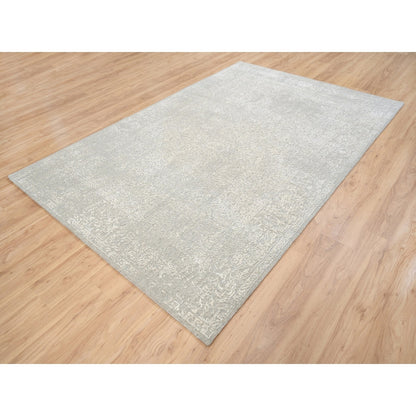6'X9'2" Beige Wool And Silk Hand Loomed Fine Jacquard Round Rug