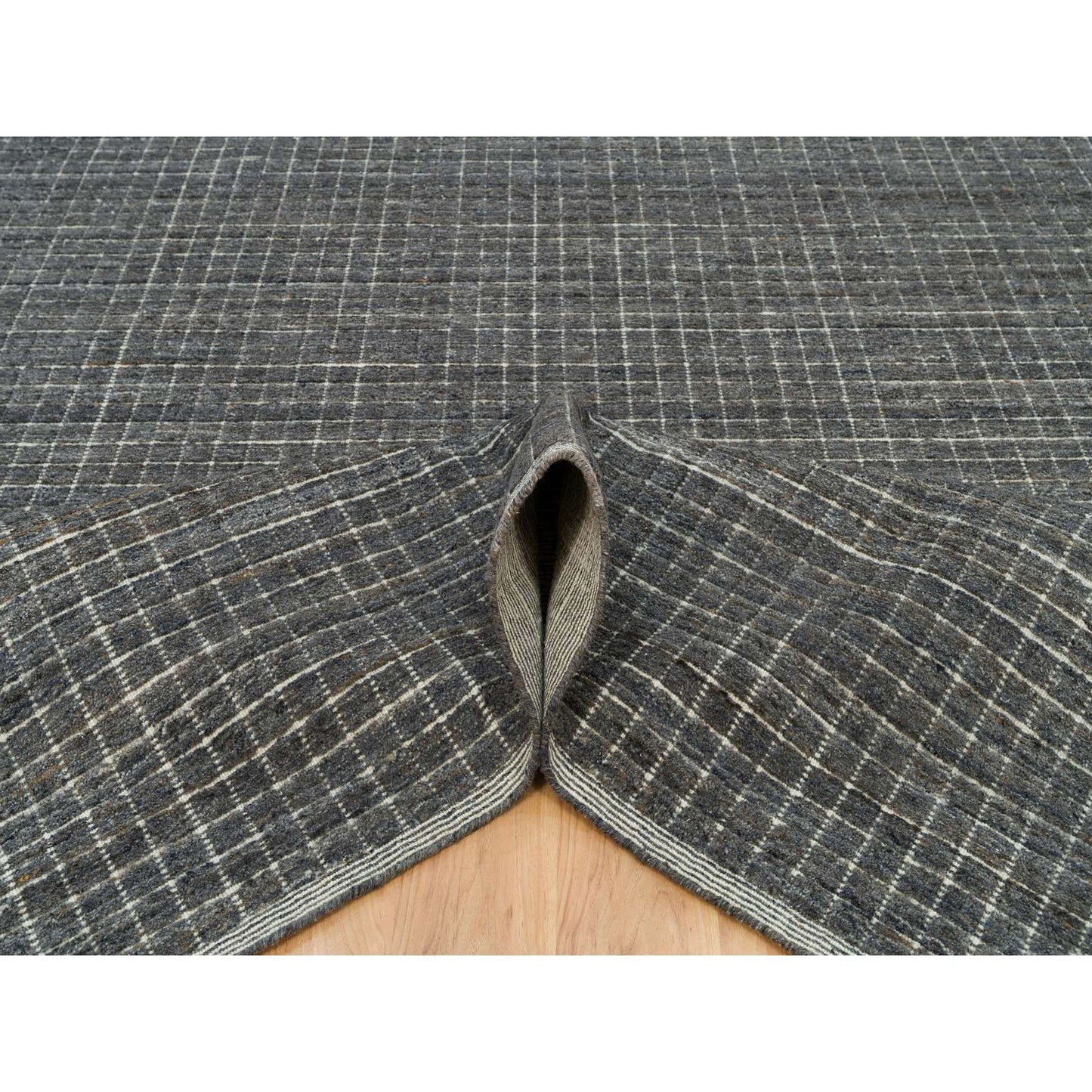 12'X14'9" Gray Loomed Knotted Modern Box Design Pure Wool Oversized Rug