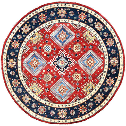 7'10"X7'9" Red Soft Wool Special Kazak Hand Knotted Round Oriental Rug