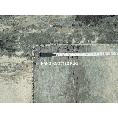 2'7"X10' Pitch Black Abstract Design Wool-Silk Hand Knotted Runner Rug