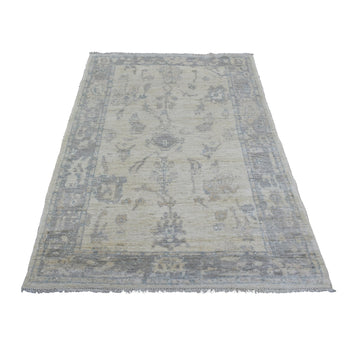 4'X6' Ivory Angora Oushak With All Over Design Hand Knotted Soft Wool Rug