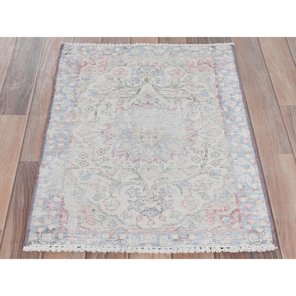 1'10"X2'6" Ivory Vintage Farsian Karman Worn Wool Hand Knotted Mat Rug