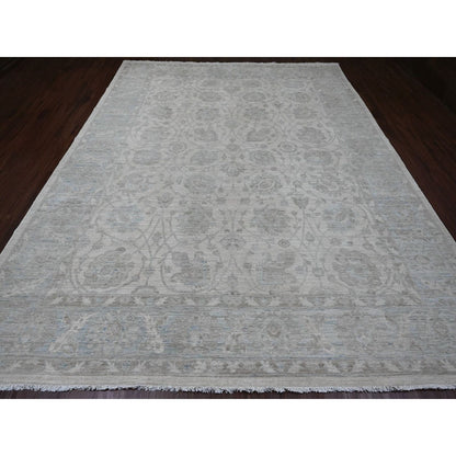 9'2"X11'10" White Washed Out Peshawar Leaf Design Hand Knotted Wool Rug