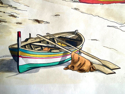 Aldo Riso ''Fishermen'S Boats'' - Hand-Painted Engraving Authenticated 60X80