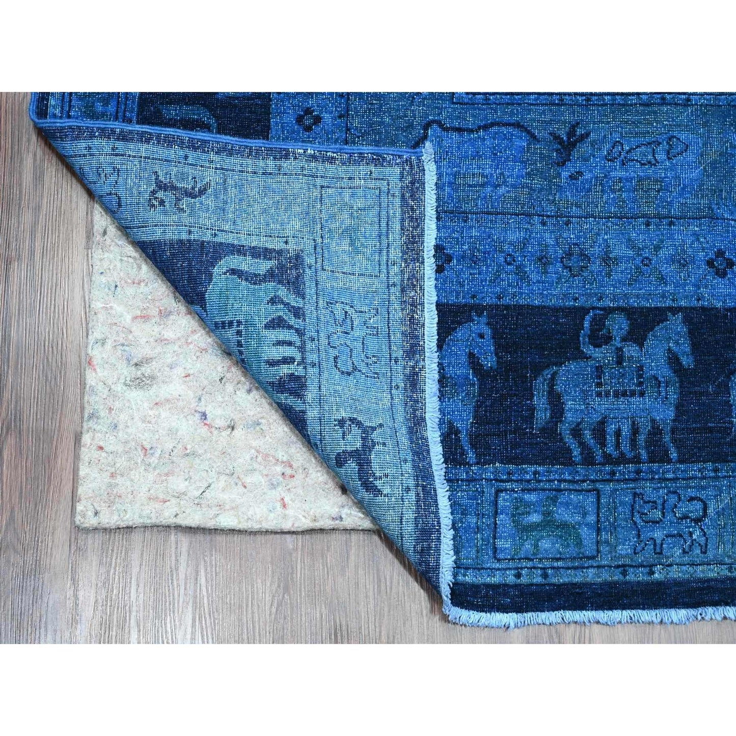 9'X12' Blue Overdyed Peshawar Pazyryk Design Pure Wool Hand Knotted Rug