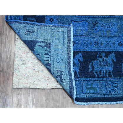 9'X12' Blue Overdyed Peshawar Pazyryk Design Pure Wool Hand Knotted Rug