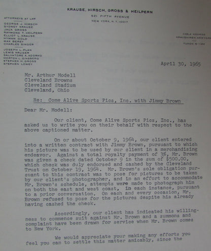 1965 Letters To And From Art Modell About Jim Brown Picture Lawsuit 145103