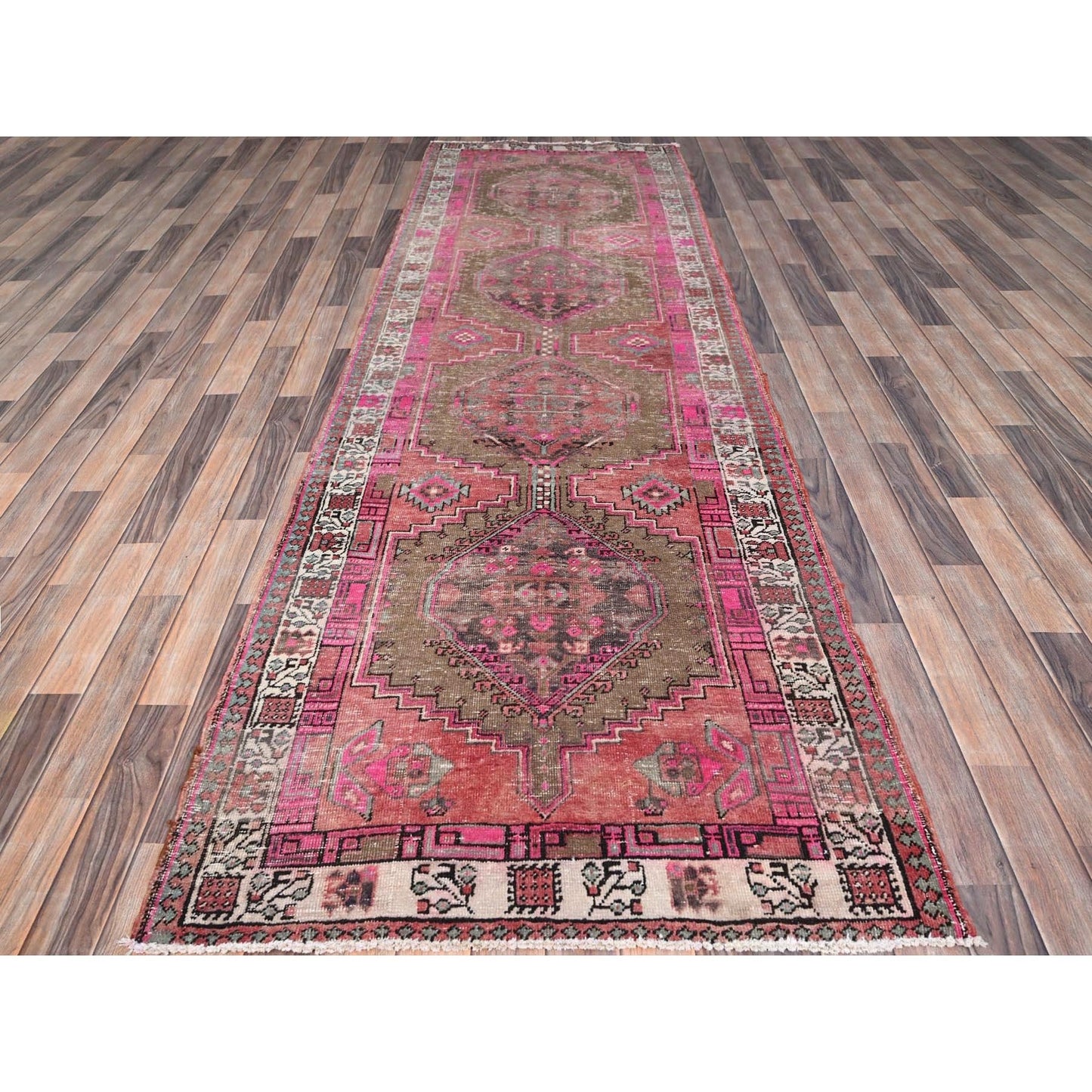 3'6"X10'9" Multicolored Soft Wool Zoroastrian Heris Runner Oriental Rug