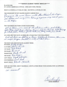 Ernie Broglio Autographed Hand Filled Out Survey