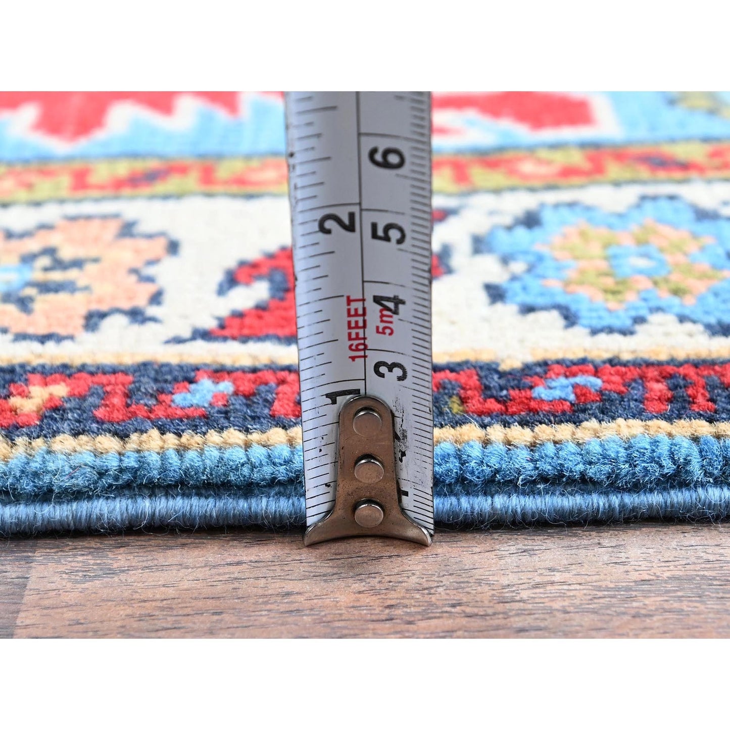 2'8"X4' Blue Kazak Geometric Design Hand Knotted Soft Wool Mat Sample Rug