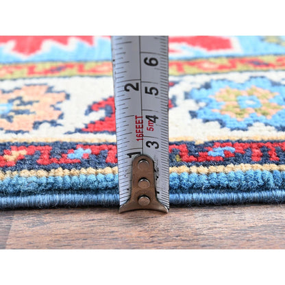 2'8"X4' Blue Kazak Geometric Design Hand Knotted Soft Wool Mat Sample Rug