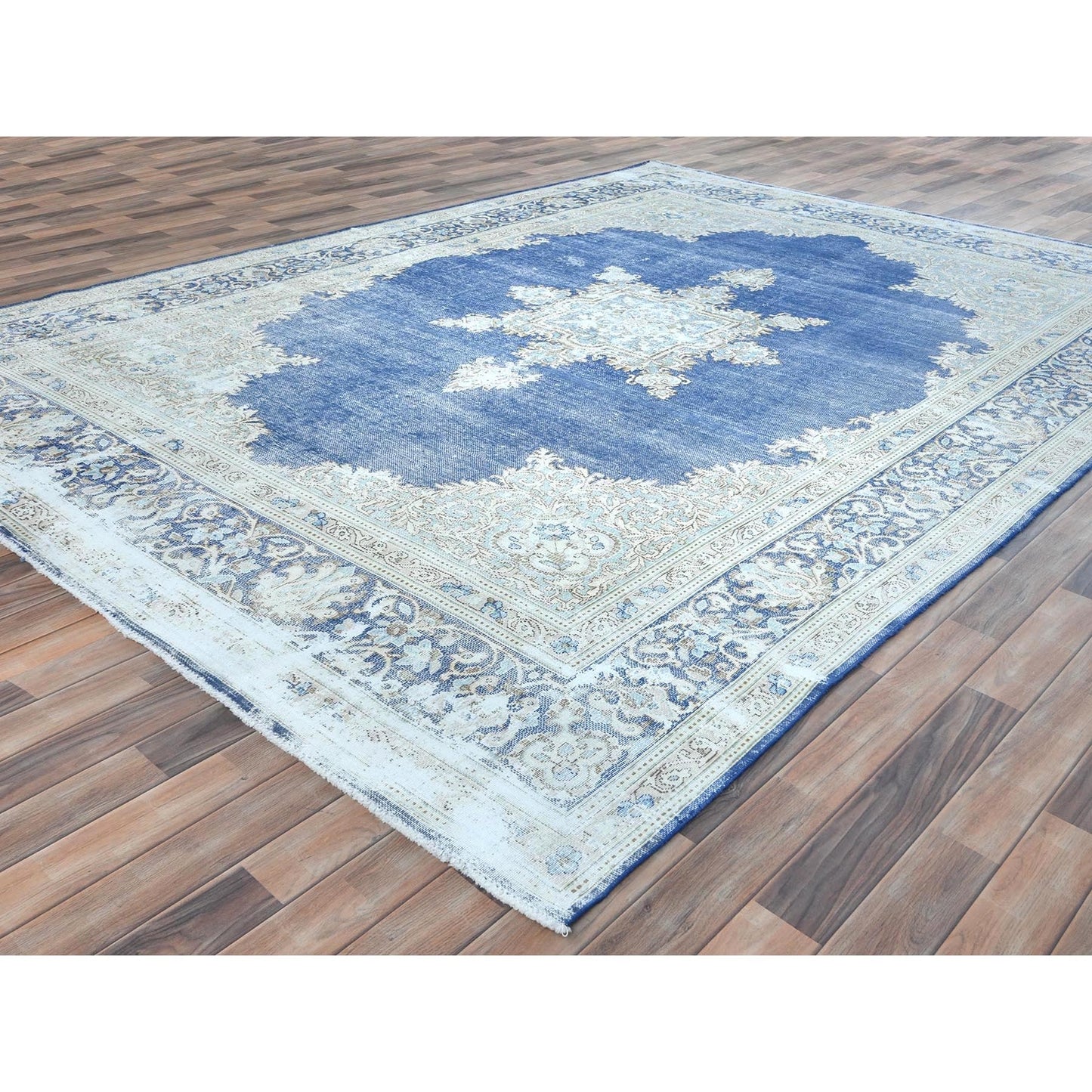 8'9"X12' Blue Wool Hand Knotted Shabby Chic Distressed Old Farsian Rug