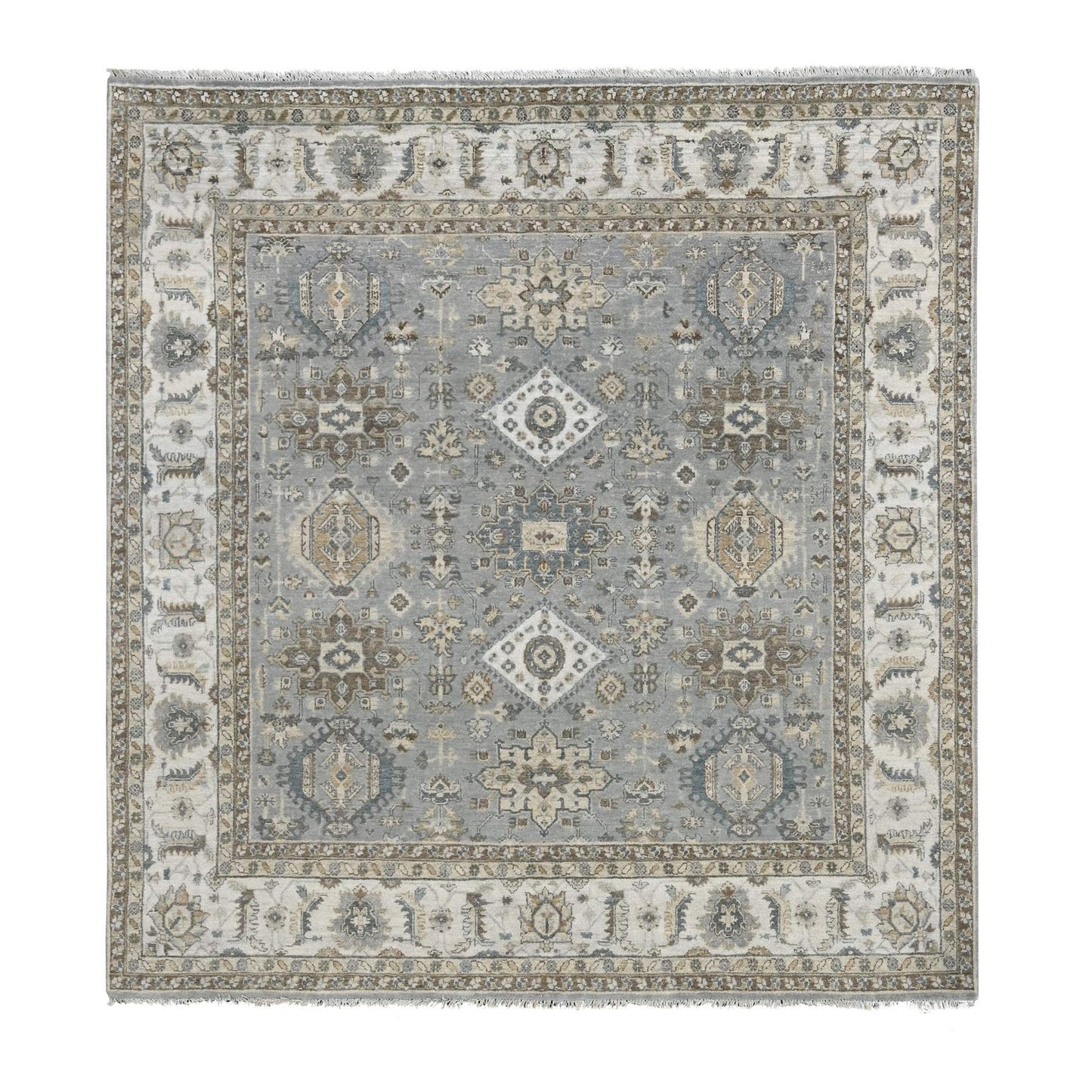 8'X8' Gray And Ivory Karjihooz Design Wool Square Oriental Rug