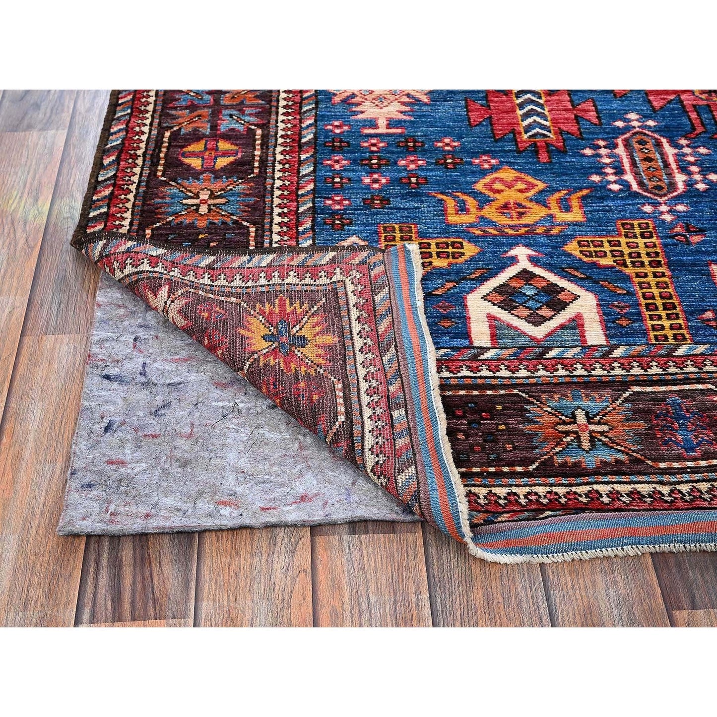 6'X7'10" Blue Afghan Caucasian Design Revival Hand Knotted Soft Wool Rug