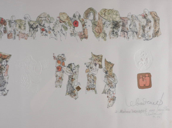 Ho Lebadang Procession Embossed Lithograph Ea Signed Dedication W/ Case 73Cm