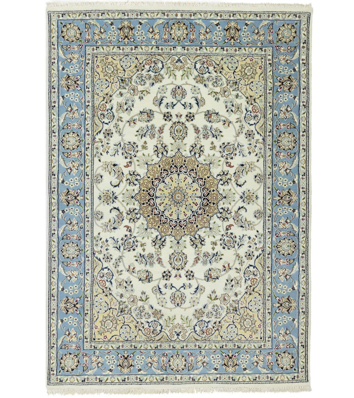 5X7 Handmade Indo-Nain Oriental Rug Cream Light Blue Floral Medallion Carpet