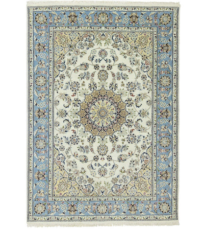5X7 Handmade Indo-Nain Oriental Rug Cream Light Blue Floral Medallion Carpet