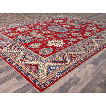 9'2"X11'6" Red Hand Knotted Soft Wool Kazak Tribal Motifs Oriental Rug