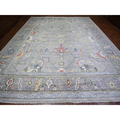12'2"X15'5" Gray Angora Oushak Colorful Motifs Soft Wool Oriental Rug