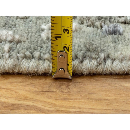 2'5"X9'9" Abstract Design Silver-Blue Hand Knotted Wool-Silk Runner Rug