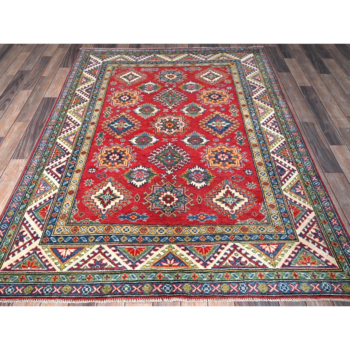 4'10"X6'6" Red Kazak Geometric Pattern Hand Knotted Soft Wool Oriental Rug