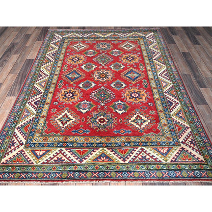 4'10"X6'6" Red Kazak Geometric Pattern Hand Knotted Soft Wool Oriental Rug
