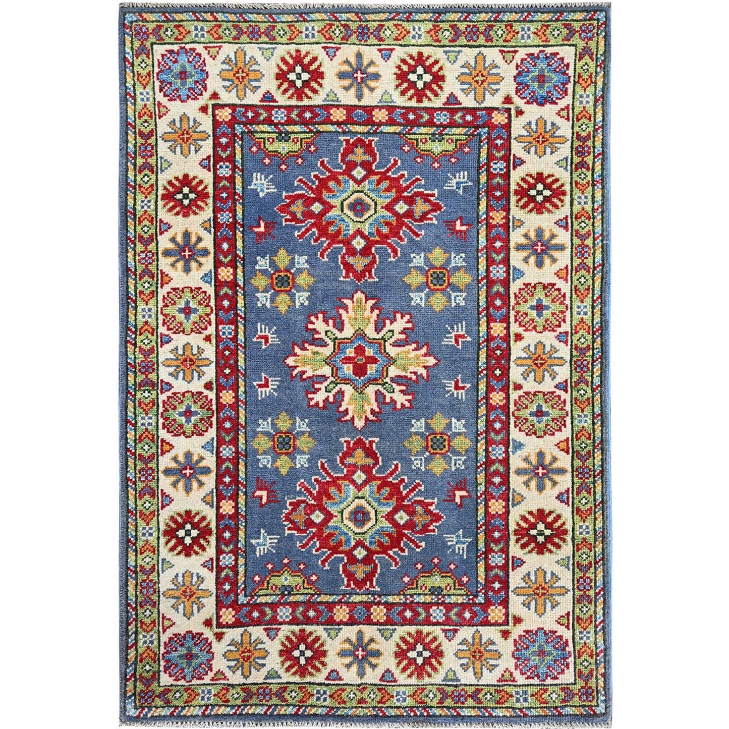 2'9"X4'1" Blue Kazak With Tribal Design Hand Knotted Soft Wool Sample Rug