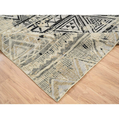 9'1"X12' Gray Erased Ethnic Geometric Design Wool Hand Knotted Rug