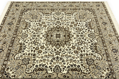 Hand-Knotted Kirman Square Rug Cream Floral Wool