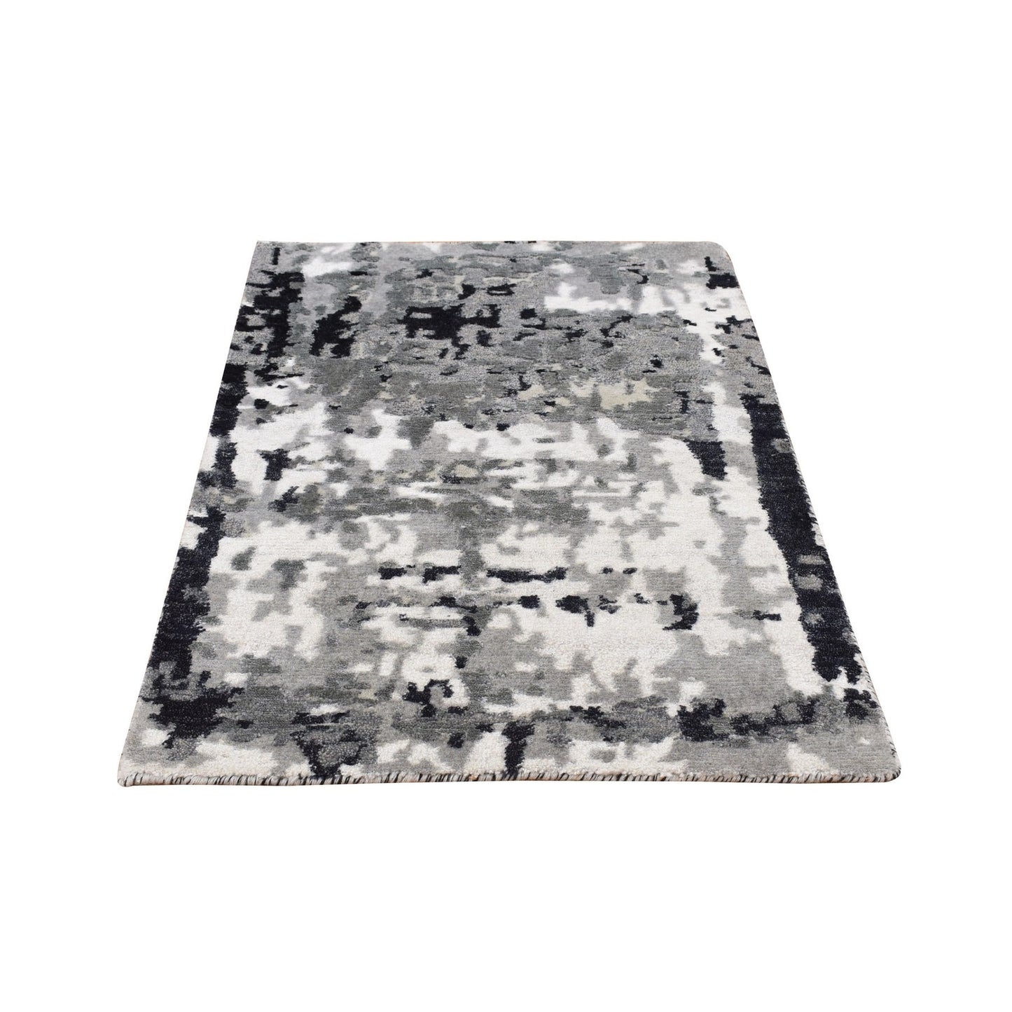 2'1"X3' Gray Modern Abstract Design Hand Knotted Wool And Silk Sample Rug