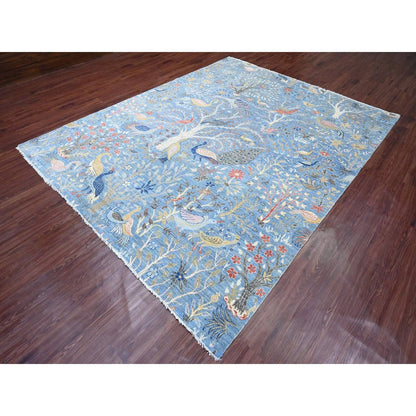 8'X10'1" Yonder Blue Afghan Peshawar Birds Design Hand Knotted Wool Rug