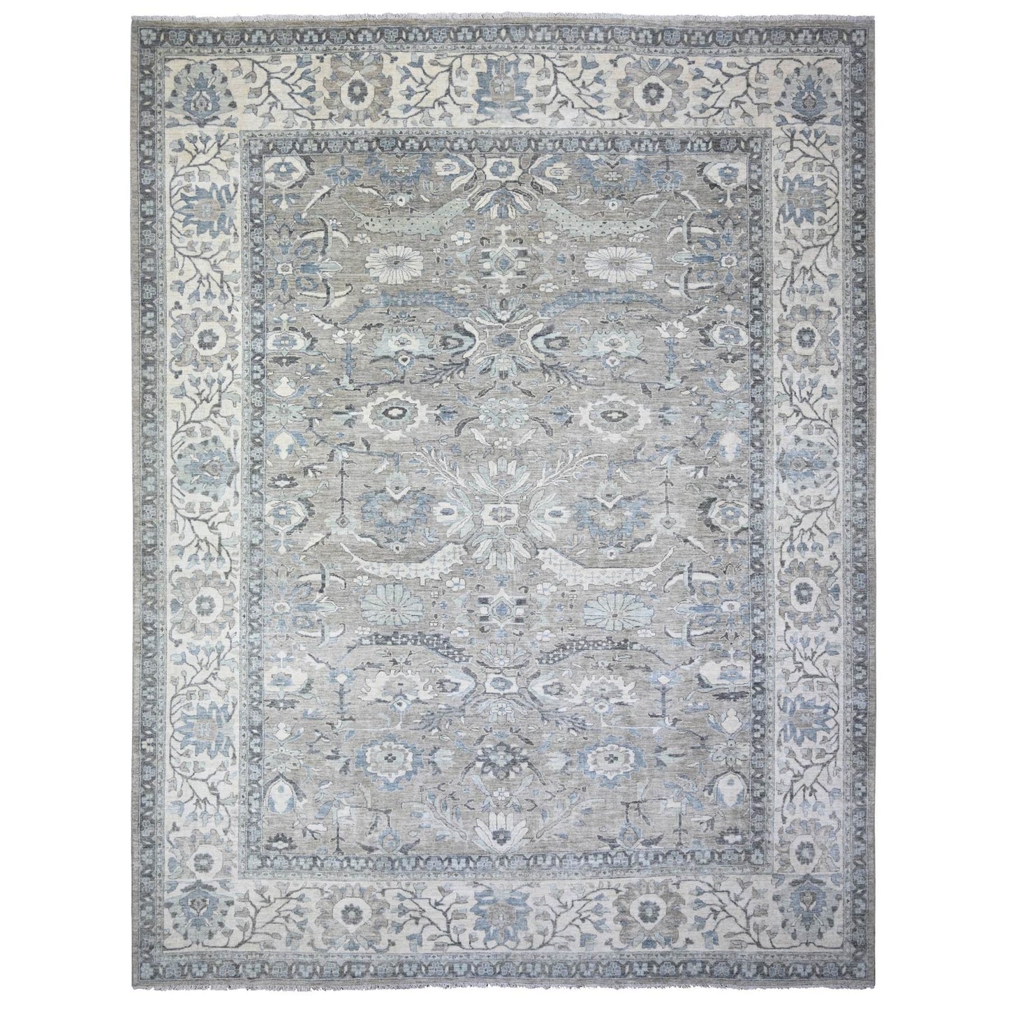 11'6"X15' Mineral Deposit Gray Sickle Leaf Design Pure Wool Oversized Rug