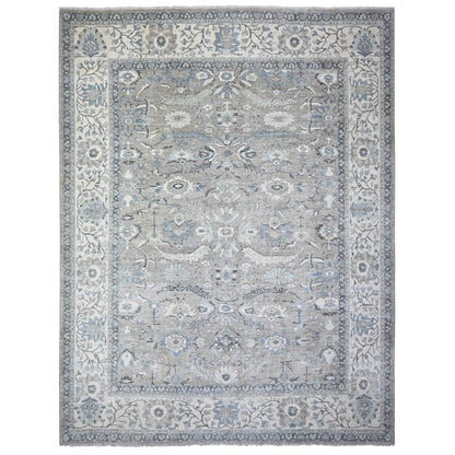 11'6"X15' Mineral Deposit Gray Sickle Leaf Design Pure Wool Oversized Rug