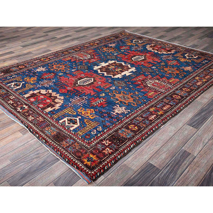6'X7'10" Blue Afghan Caucasian Design Revival Hand Knotted Soft Wool Rug