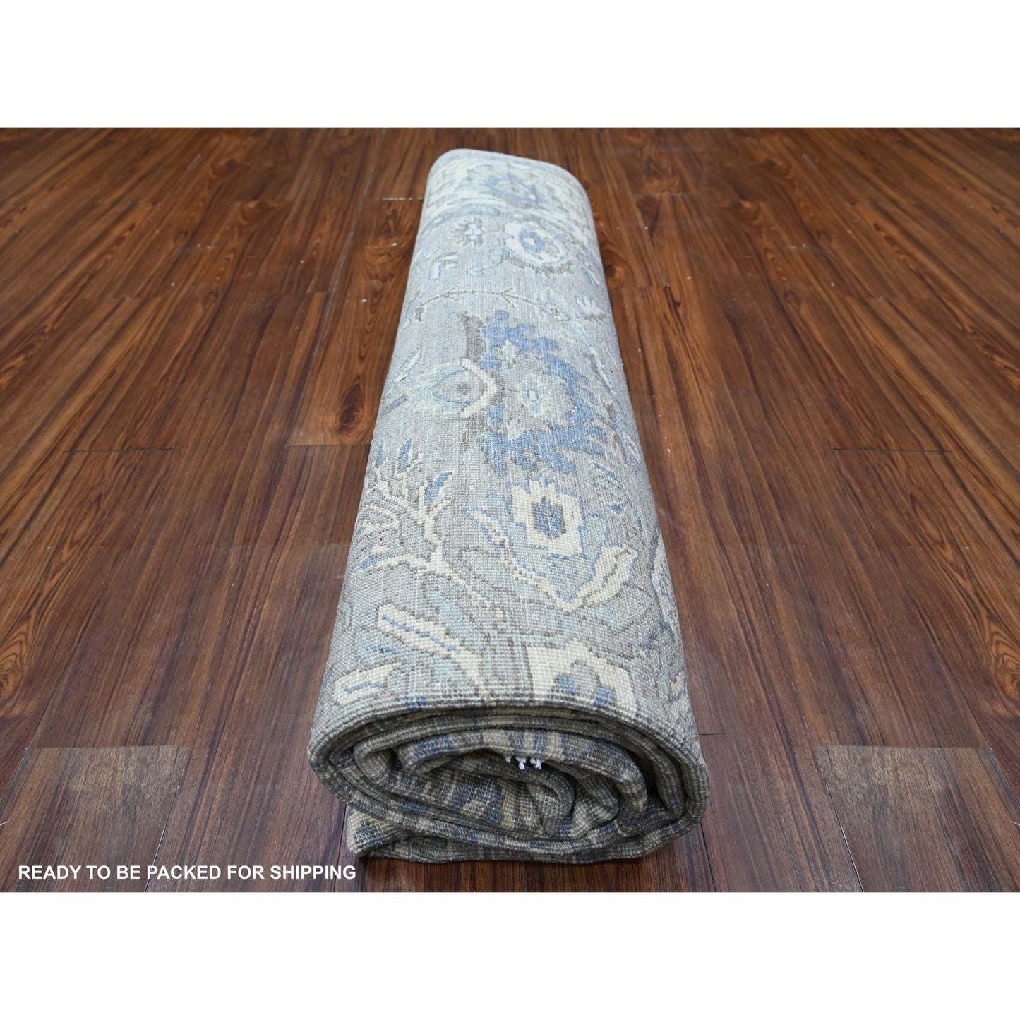 7'10"X9'9" Gray Heris Serrated Leaf Pattern Pure Wool Hand Knotted Rug